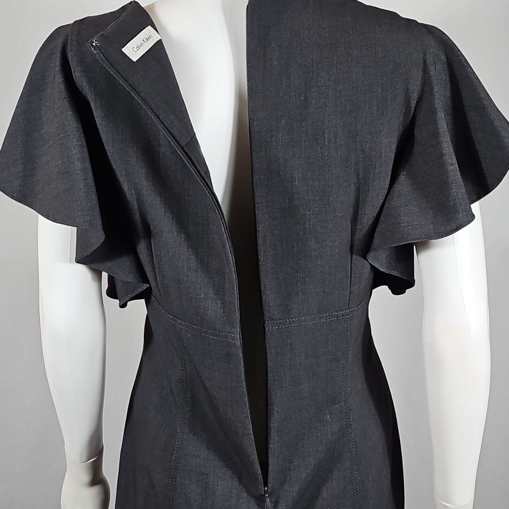 Calvin Klein Charcoal Grey Flutter Ruffle Sleeve Knee Length Sheath Dress - Picture 10 of 16